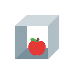 Poster - A red apple with a green leaf and brown stem inside a gray cube shaped frame on a white background view