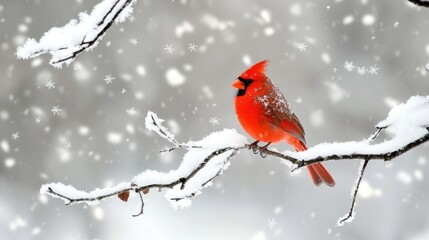 Poster - A vibrant red bird rests on a snowy tree branch gently