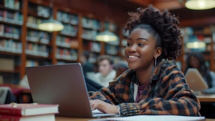 Poster - A smiling woman with curly hair, wearing a plaid shirt, types on a laptop in a library. Bookshelves full of books line the walls. Study books and a notebook are nearby on the table.