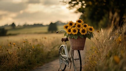 Poster - A bicycle with sunflowers in the basket on a path