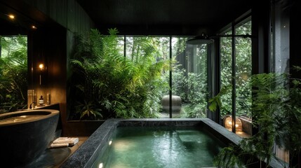 Poster - Luxurious bathroom features a soaking tub and a lush outdoor view
