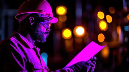 Poster - A construction worker examines paper under artificial colorful lighting