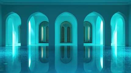 Poster - A teal indoor pool area featuring arched doorways and reflections