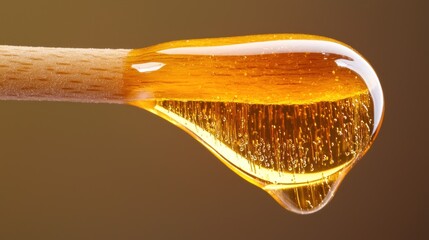 Poster - Honey dripping from wooden stick forming teardrop shape against brown background