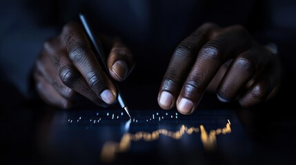 Poster - A dark image of hands interacting with financial data
