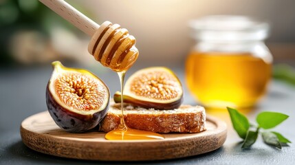 Poster - Honey dripping from wooden dipper over figs and bread slices