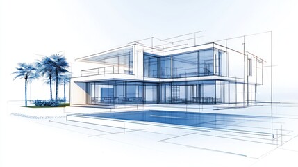 Aufkleber - Modern architectural house design plan rendering with a swimming pool nearby