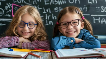 Poster - Two smiling young girls in eyeglasses are seen in a classroom, each with school books, pencils, , supplies on the wooden desk. Behind them, a blackboard is full of writing, showing classroom context.