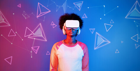 Poster - african girl with vr glasses standing at blue and pink background and looking at floating geometric 