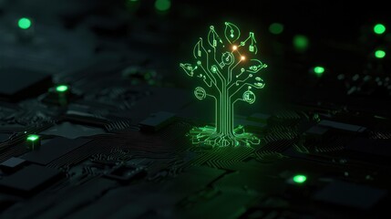 Poster - A glowing circuit board tree symbolizes technological growth in the dark