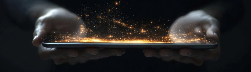 Poster - Person holding glowing digital data from a modern touchscreen device