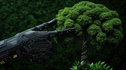 Poster - A robotic hand interacting with a healthy green leafy tree