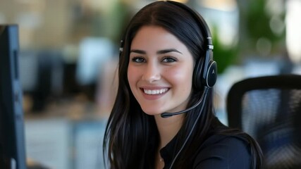 Poster - Smiling woman with headset, providing customer support. Background includes office setting with soft lighting. She appears professional and approachable, ready to help customers.