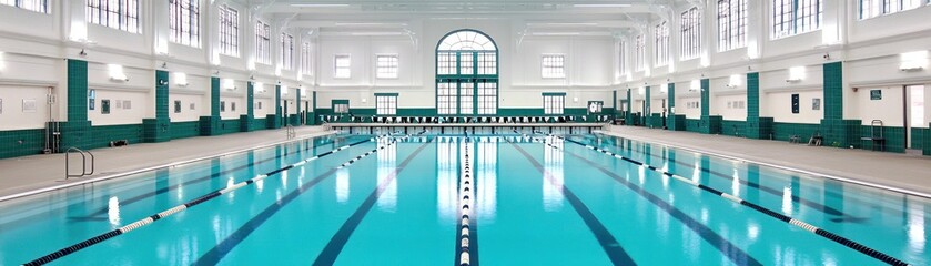 Poster - A long indoor swimming pool with marked lanes and high windows