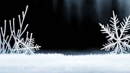 Poster - Two snowflakes and frosty details on a snow covered foreground