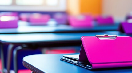 Vibrant classroom scene with a pink tablet on a desk, colorful chairs in the background