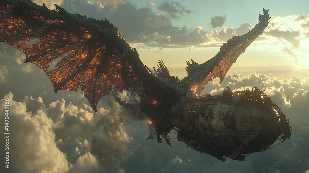 Mechanical wings flapping a giant airship sails through a sky filled ...