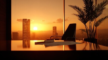 Poster - An office interior with a scenic sunset view of a city