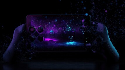 Poster - A handheld console displays a digital scene with cosmic elements