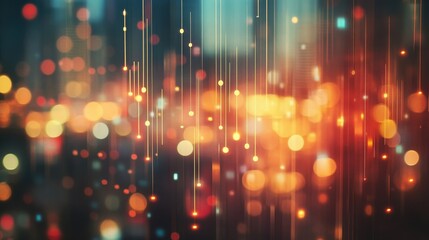 Poster - Abstract glowing big data forex candlestick chart on blurry city background. Trade, technology, investment and analysis concept. Double exposure illustration , no logos, no brands