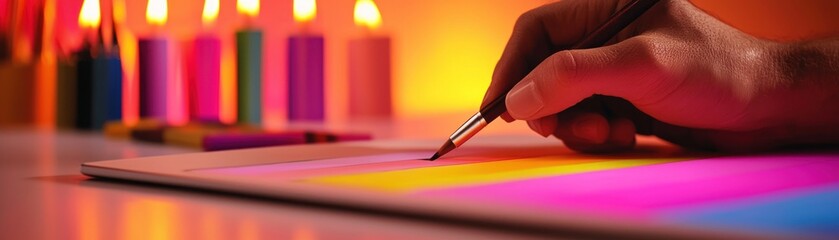 Poster - A hand painting on a surface with colorful lit candles behind it