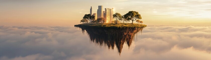 Poster - A fantastical floating island showcasing a modern city amidst the clouds