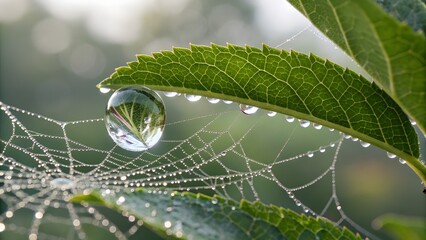 Water Drop On Spiderweb And Leaf In Early Morning Light