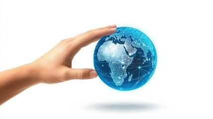 Poster - World communication concept with man hand touching digital screen with earth globe template at business chart background illustration , no logos, no brands