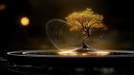 Poster - A Glowing Golden Tree Displayed On A Dark Round Surface