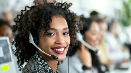 Poster - A smiling woman wears a headset in a busy call center, providing customer service. The backdrop features colleagues working, illustrating a collaborative professional atmosphere.