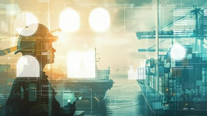 Poster - An industry worker in a hard hat stands at a bustling shipping yard with cargo ships and containers. A digital interface overlay displays data, symbolizing tech integration in operations.