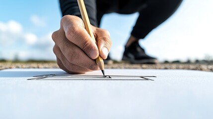 Poster - Person crouching using a pencil to create a drawing