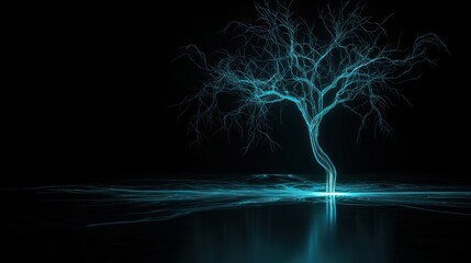 Poster - A glowing blue tree stands alone against a dark background