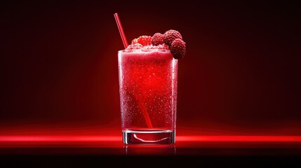 Poster - A red berry beverage garnished with fresh ripe raspberries and straw