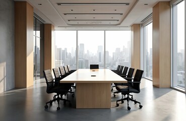 Poster - Modern boardroom meeting room interior design with panoramic city view. Wooden table black chairs, large windows, empty. Corporate workspace, office space, business, workplace, presentation