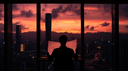 Poster - The Architect Contemplates City Plans During A Vibrant Sunset View