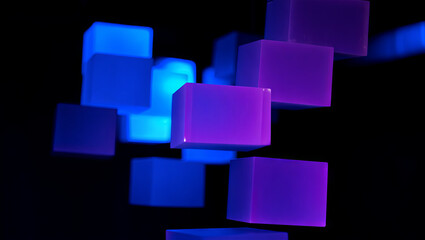 Poster - Vibrant cubes in shades of blue and purple appear to float in a dark environment, creating an enchanting atmosphere during a contemporary art exhibition