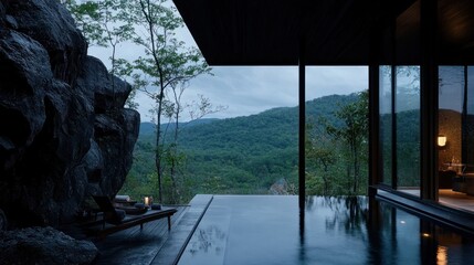 Fototapete - Luxurious modern house overlooking a lush green mountain range