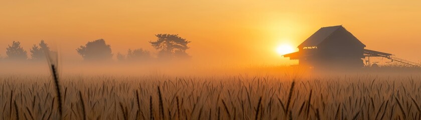 Poster - A golden sunrise illuminates a farm building in the countryside landscape