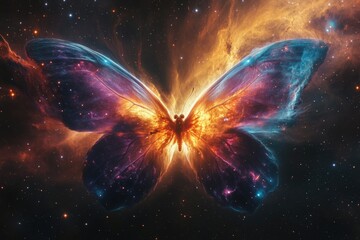 a cosmic butterfly with vibrant nebula wings, glowing in the dark expanse of space.