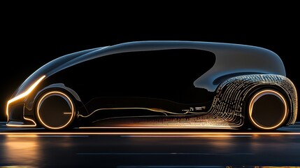 Poster - A futuristic looking black vehicle with bright orange illumination