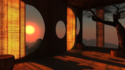Poster - Interior space with sunset views through circular window frames