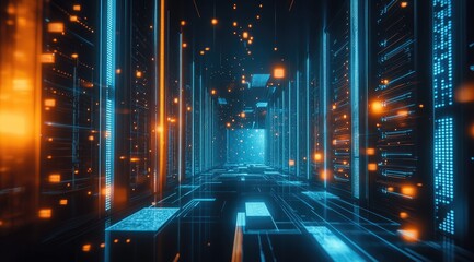 Poster - Futuristic digital data center corridor with glowing blue and orange lights, suitable for AI, cloud computing, and cybersecurity themed content and visuals