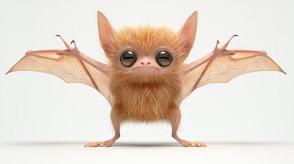 Poster - Adorable Fluffy Bat With Big Eyes Standing Proudly On White Background