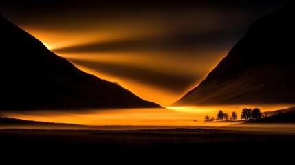 Fototapete - Dramatic sunrays shine through mountain peaks at twilight time