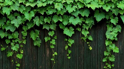 Poster - Green Ivy Vines Drape Down A Weathered Wooden Fence Structure