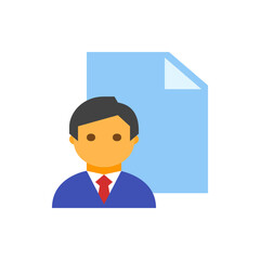 Poster - Illustration of a man in a suit with a red tie standing in front of a light blue document icon image
