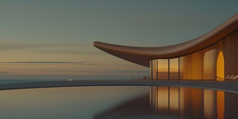Poster - A modern building with a reflecting pool and a sunset