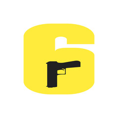 Poster - A yellow number six shape with a black pistol silhouette inside against a white background in simple design