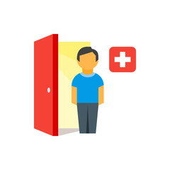 Poster - Illustration of a person standing near an open red door with a medical cross symbol on the wall behind him